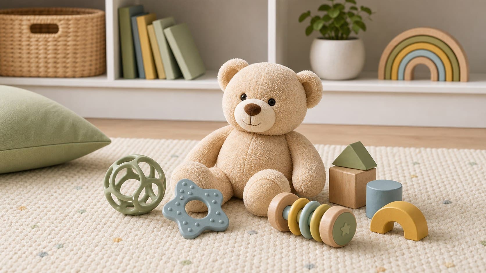 Generic baby toys, teether, rattle, and blocks arranged in a clean playroom.