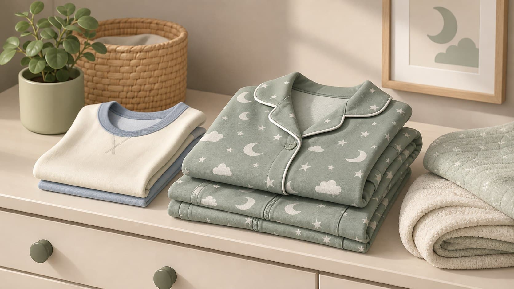 Folded children's pajamas and sleepwear on a tidy dresser.