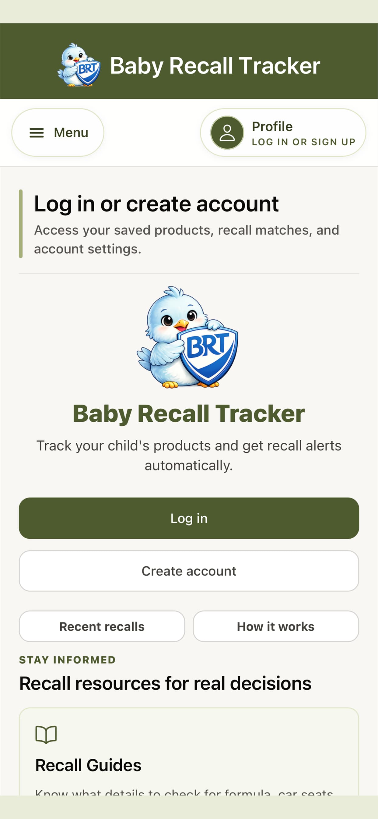 Baby Recall Tracker login and account creation screen.