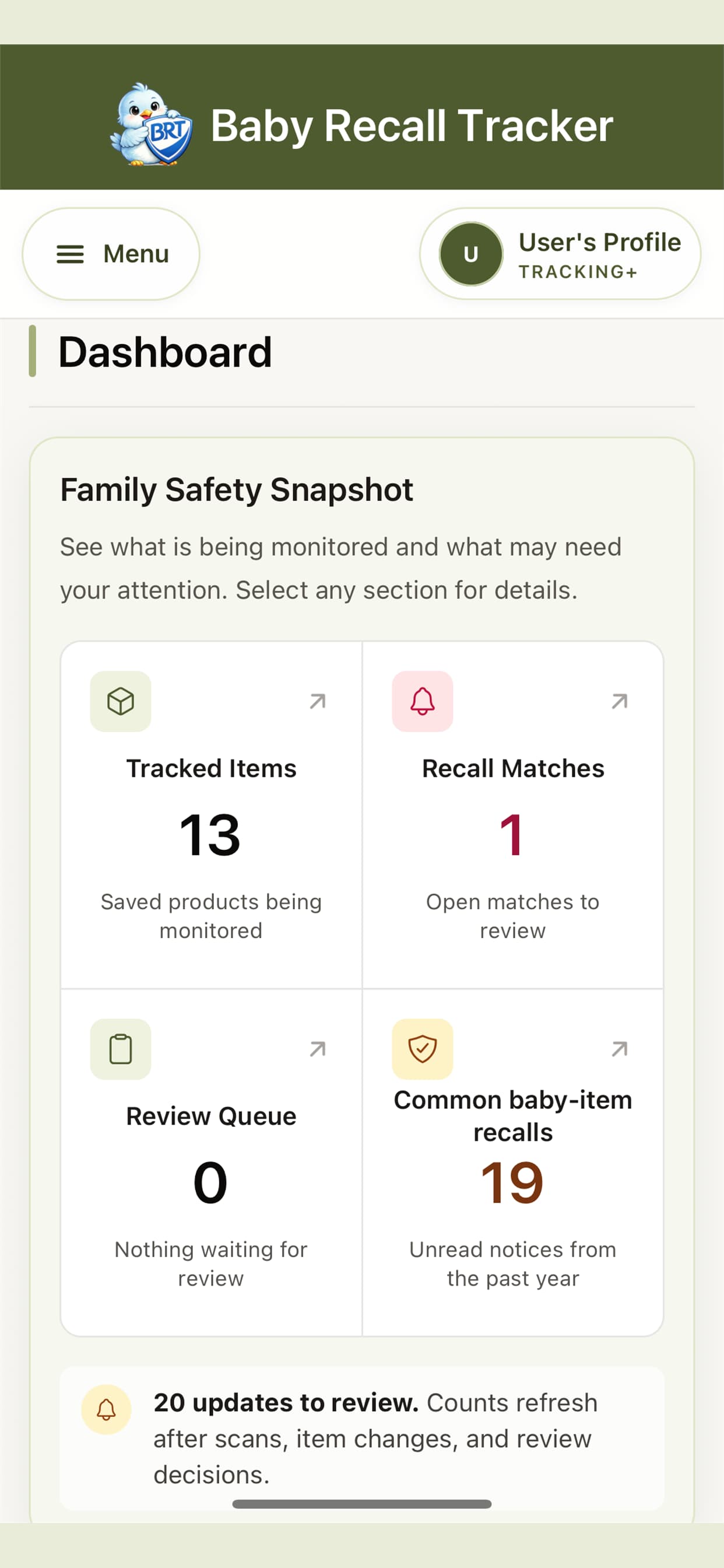 Baby Recall Tracker dashboard with family safety counts and quick actions.