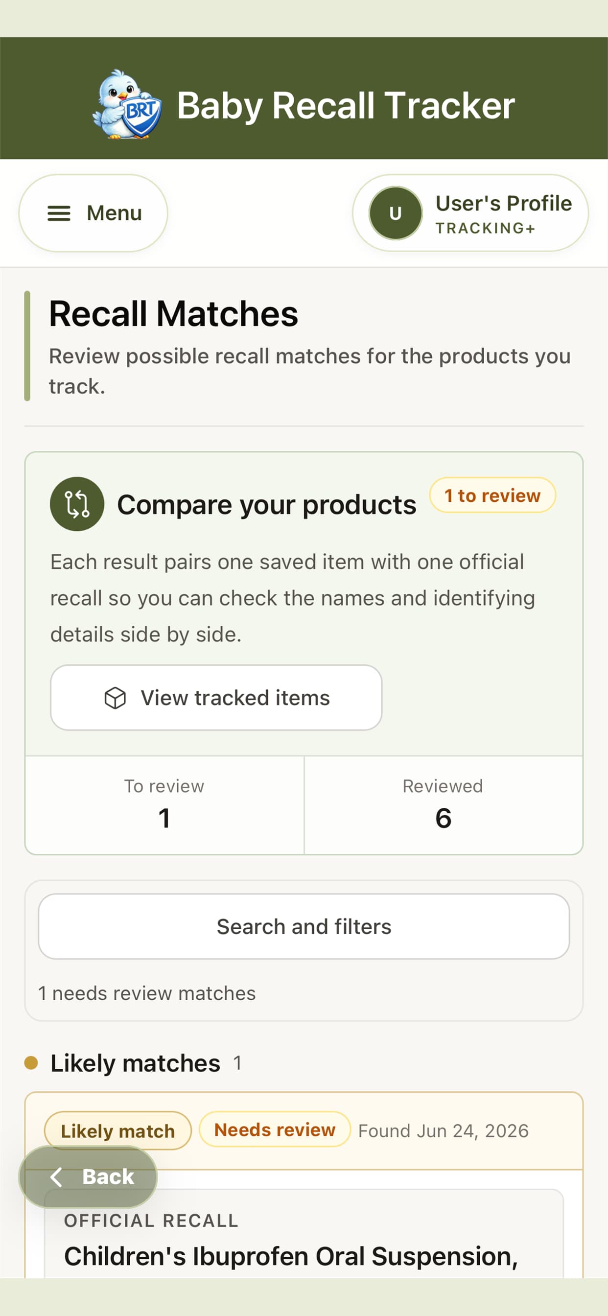 Baby Recall Tracker possible recall matches awaiting review.