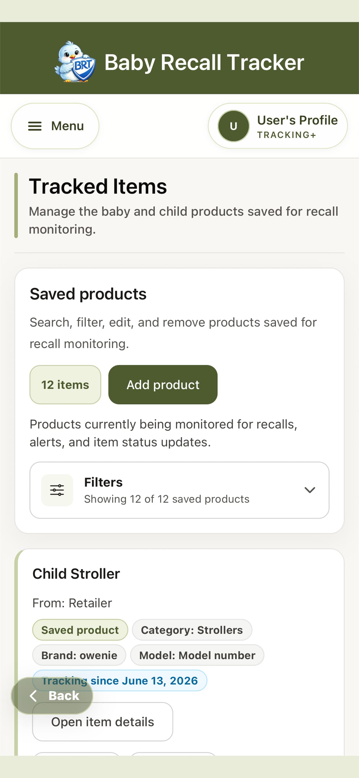 Baby Recall Tracker list of saved and monitored products.