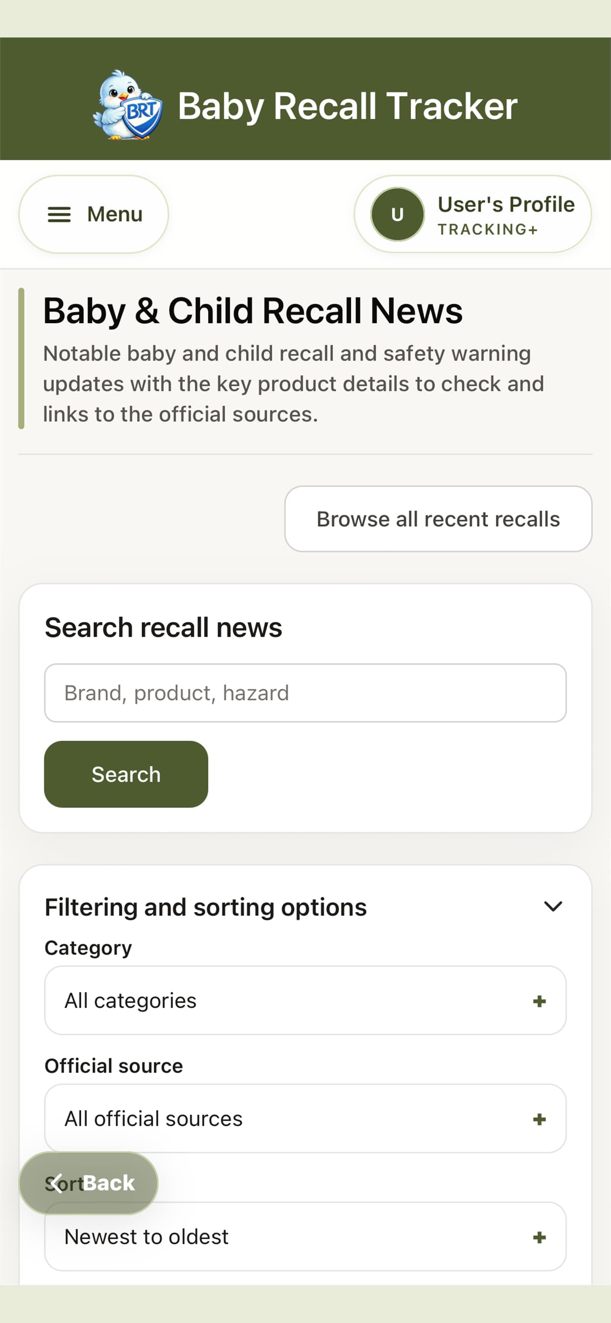 Baby Recall Tracker baby and child recall news screen.