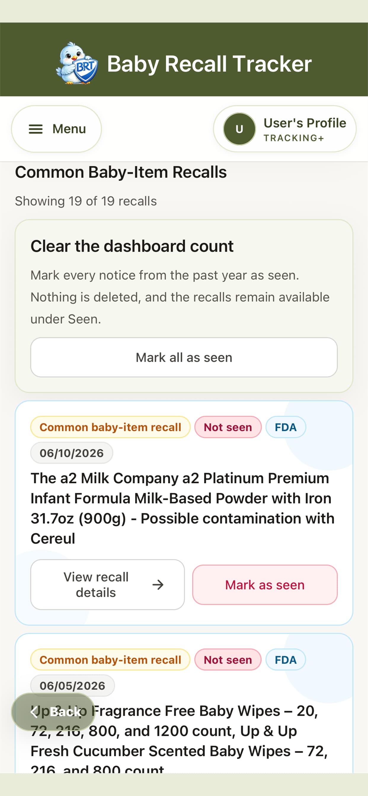 Baby Recall Tracker common baby-item recall list.