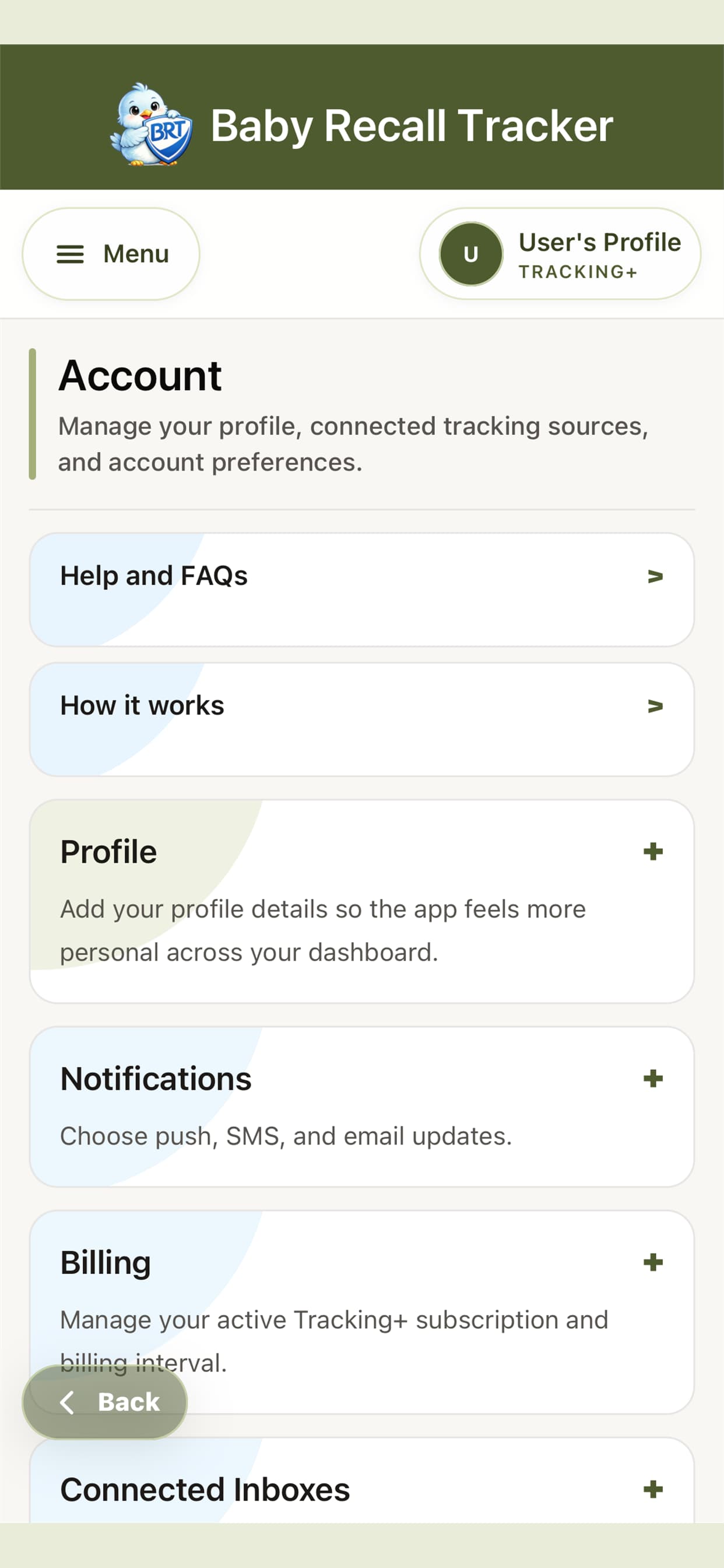 Baby Recall Tracker account settings screen.