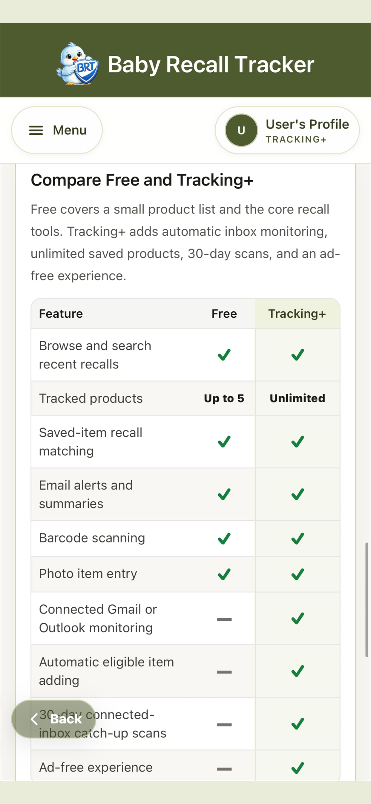 Baby Recall Tracker Free and Tracking Plus plan comparison.