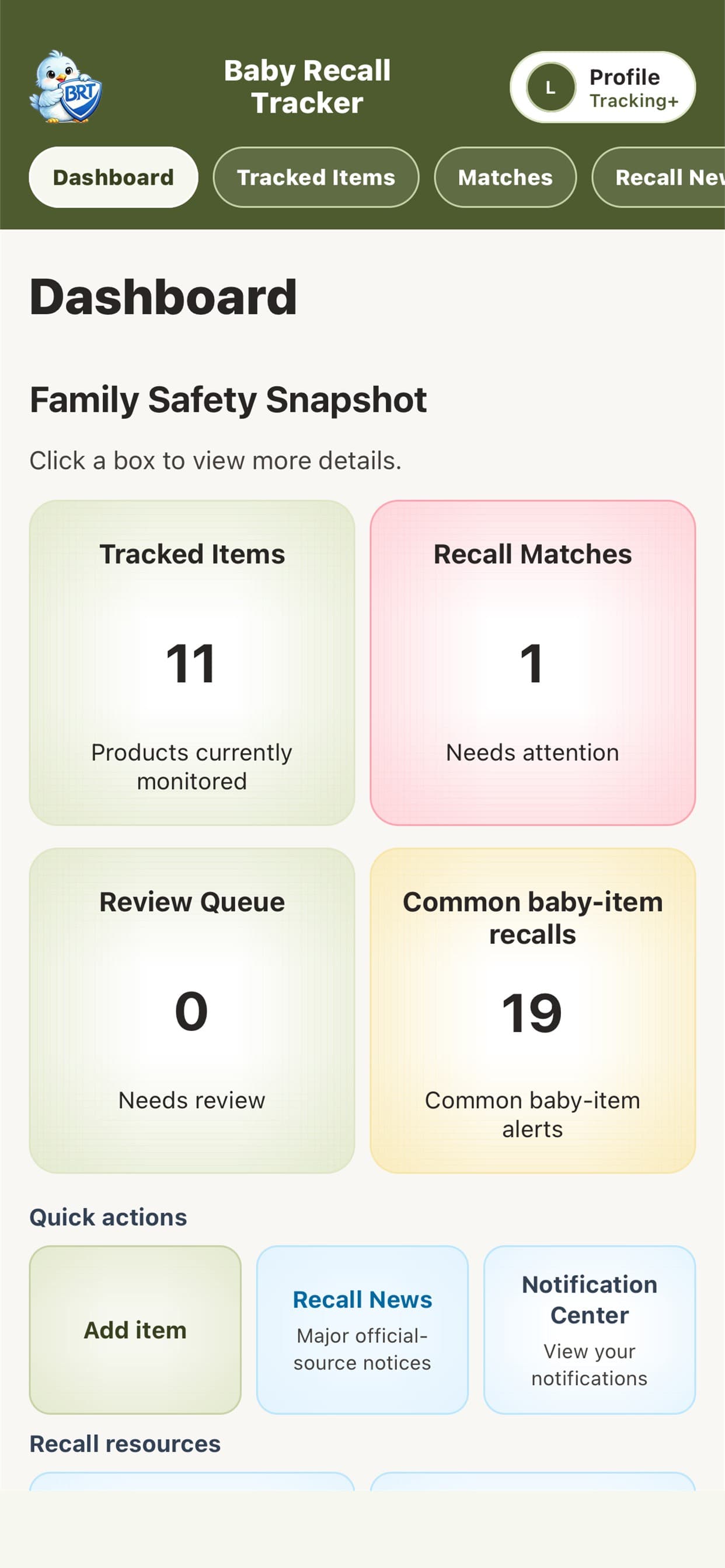 Baby Recall Tracker dashboard with saved-product and recall summary.