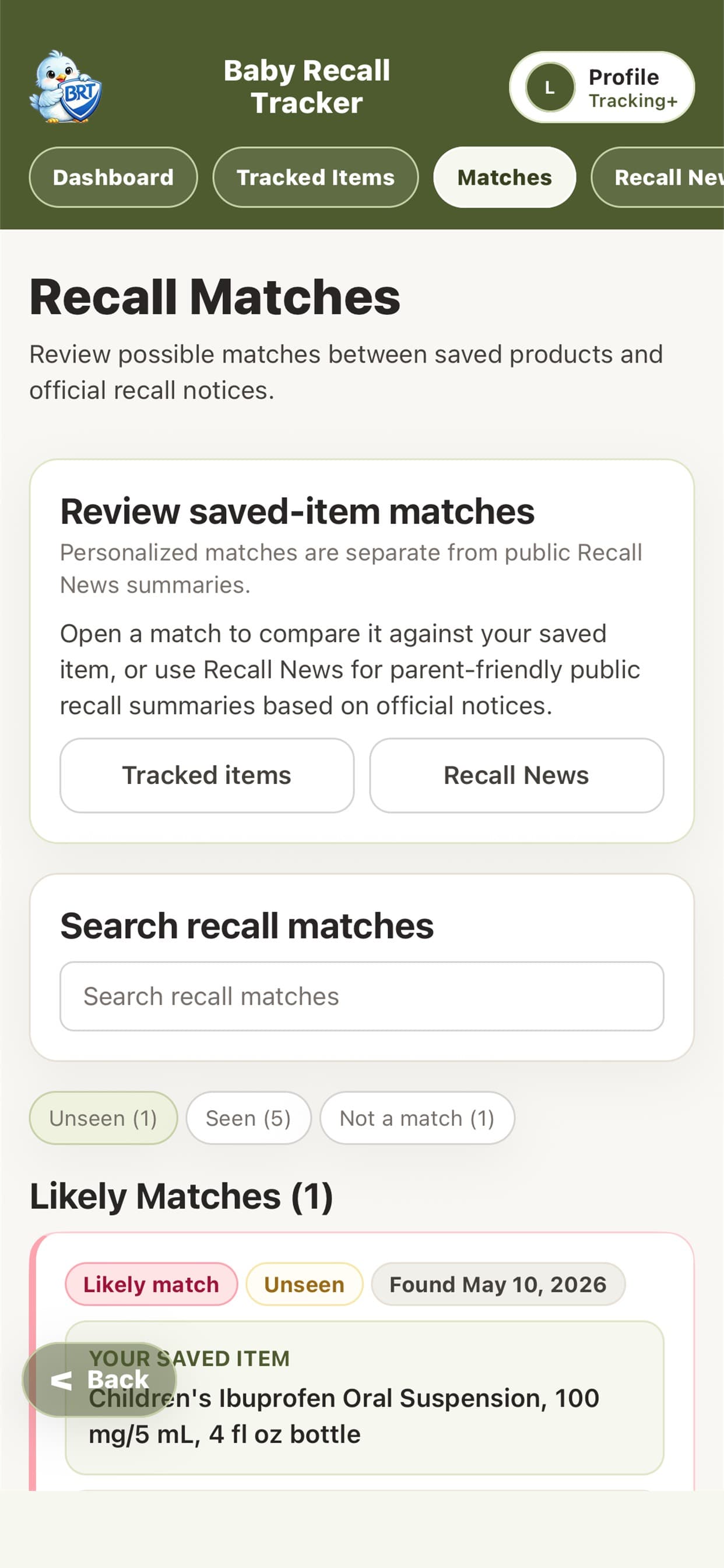 Possible recall matches for products saved in Baby Recall Tracker.