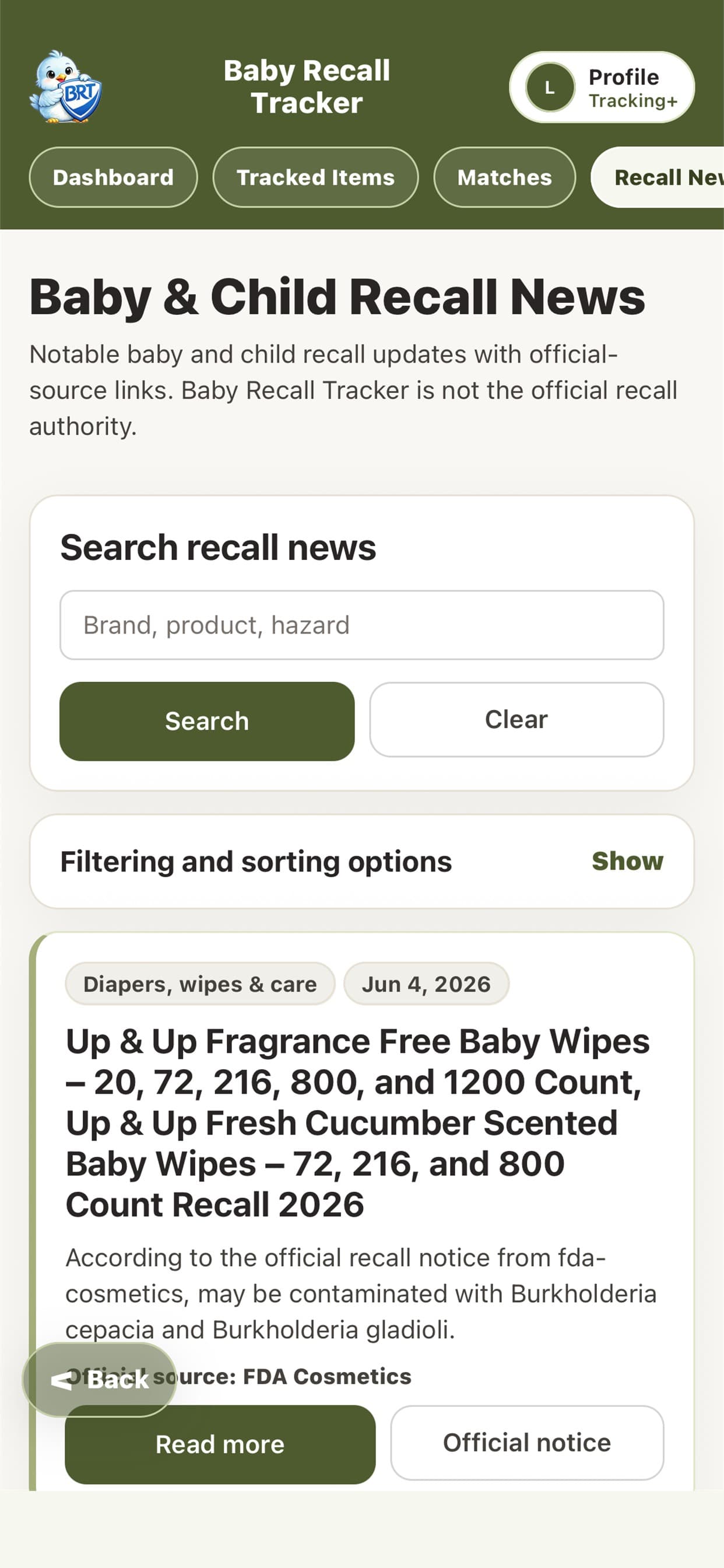Recent recall news in the Baby Recall Tracker app.