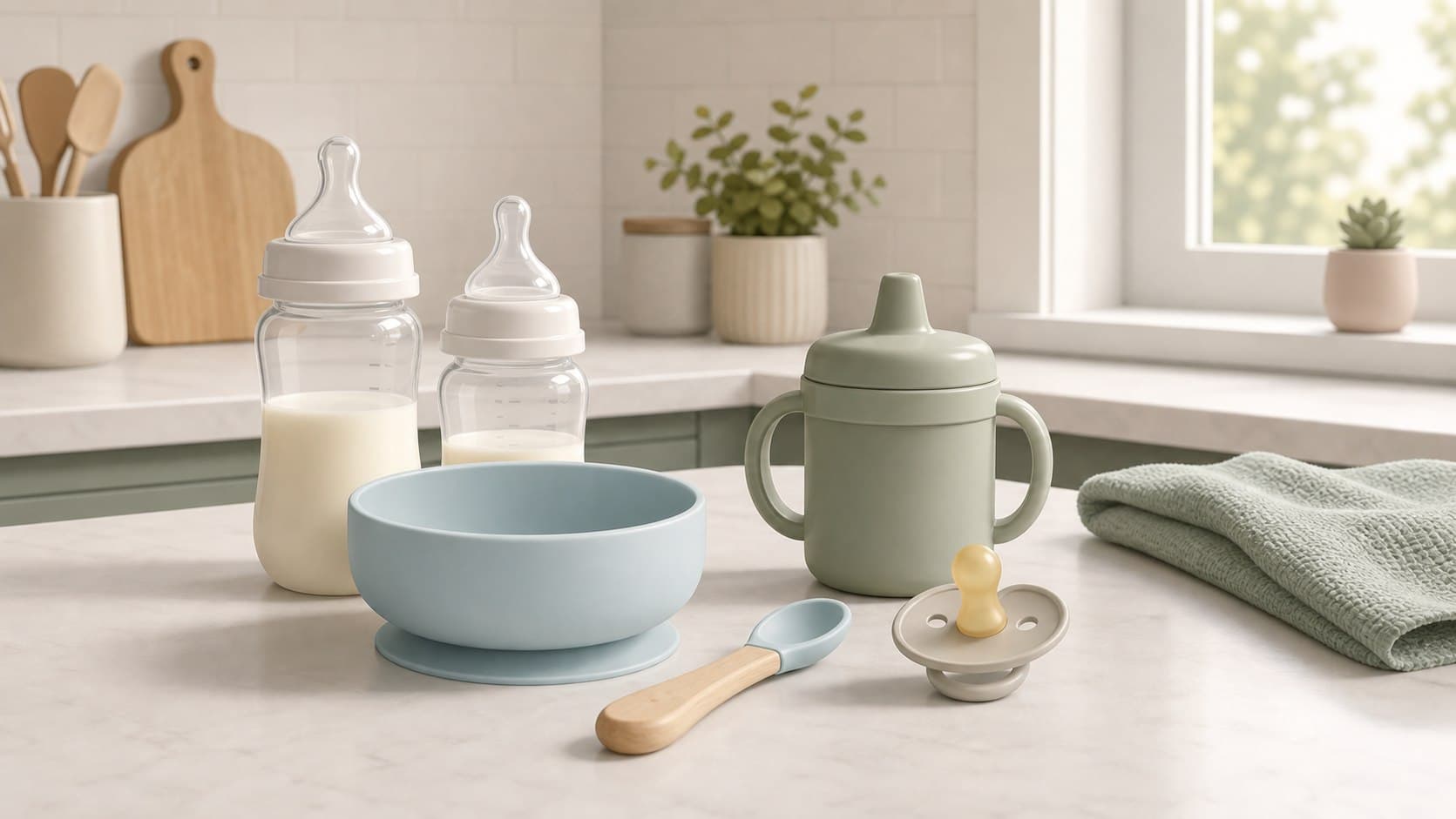 Generic baby bottles, sippy cup, feeding bowl, spoon, and pacifier on a clean counter.