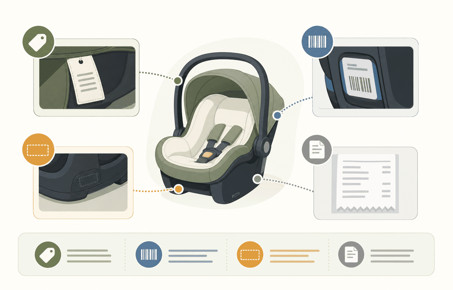 A visual map of model numbers, lot codes, UPCs, product labels, and purchase records used to check recalls.