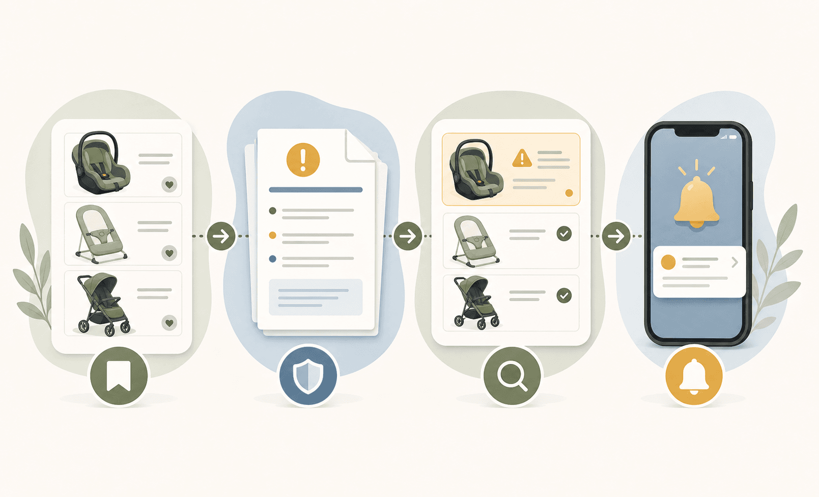 A product list flowing through recall review into a family alert.