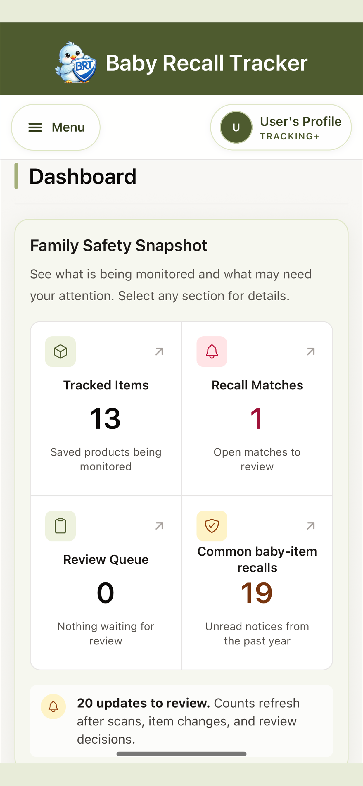 Baby Recall Tracker dashboard with family safety counts and quick actions.