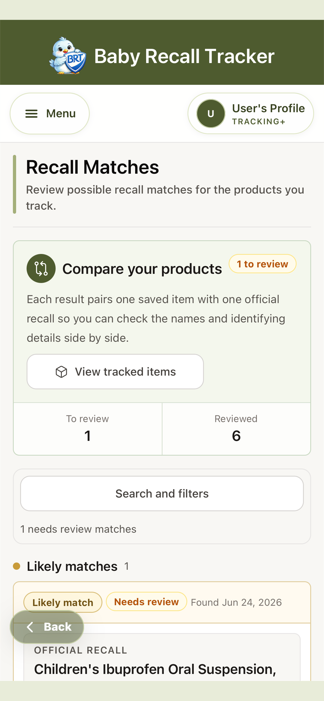 Baby Recall Tracker possible recall matches awaiting review.