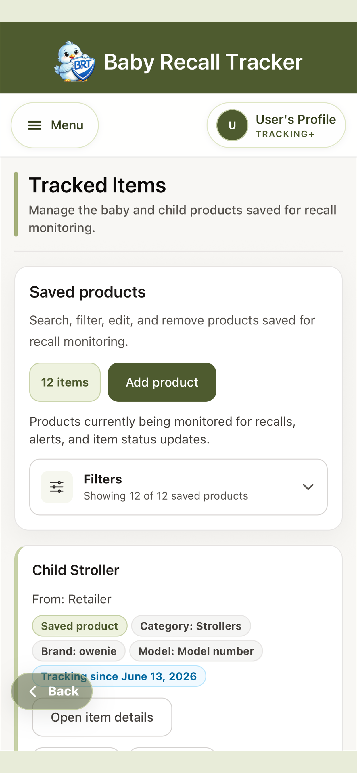 Baby Recall Tracker list of saved and monitored products.