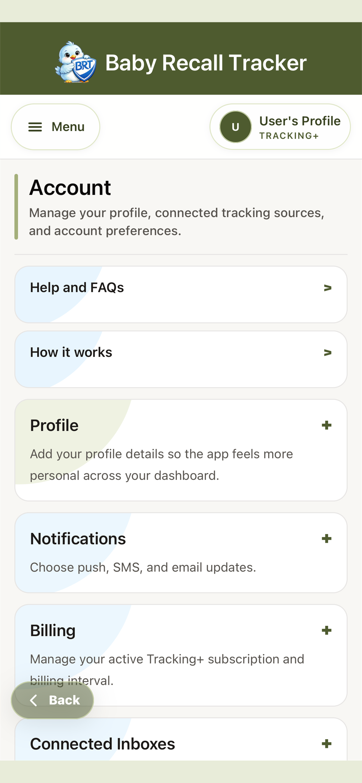 Baby Recall Tracker account settings screen.