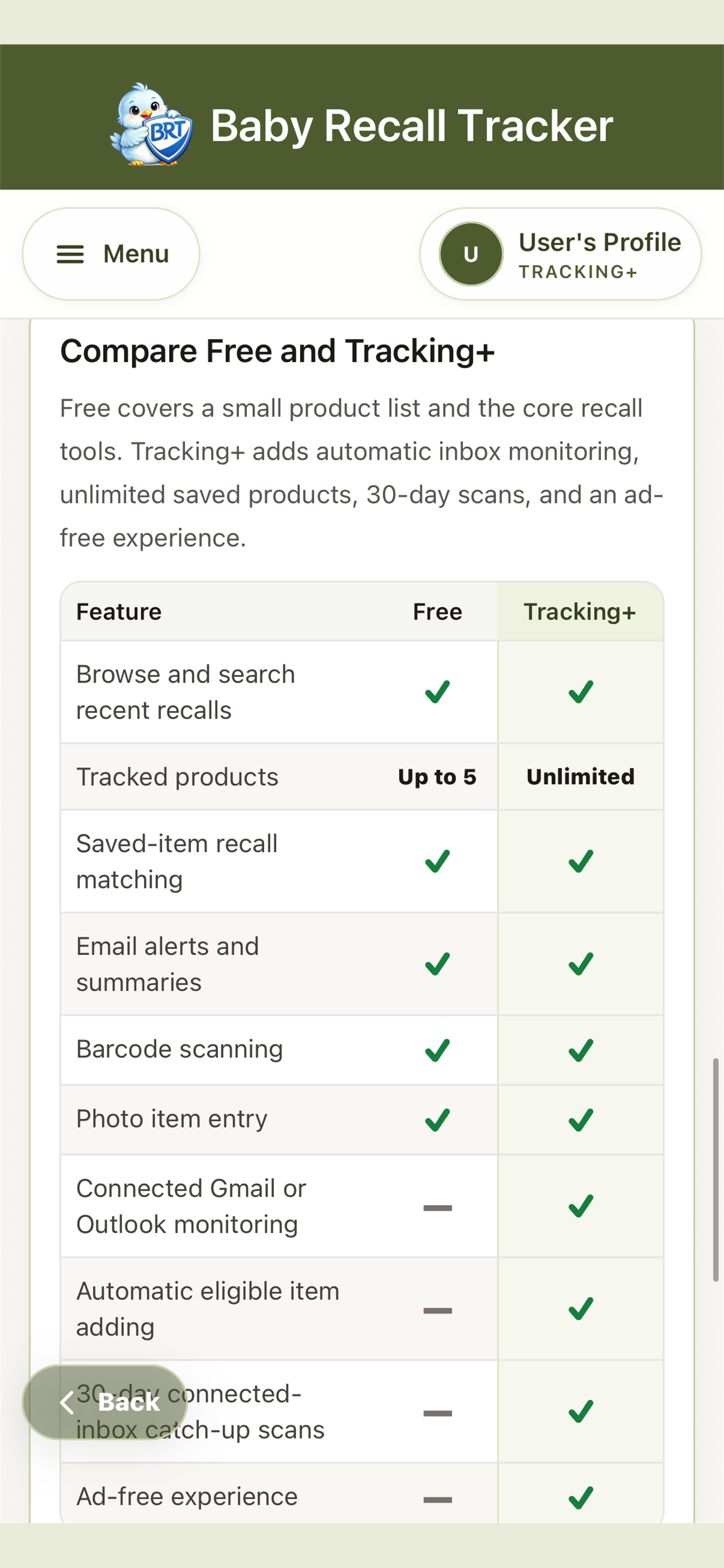 Baby Recall Tracker Free and Tracking Plus plan comparison.